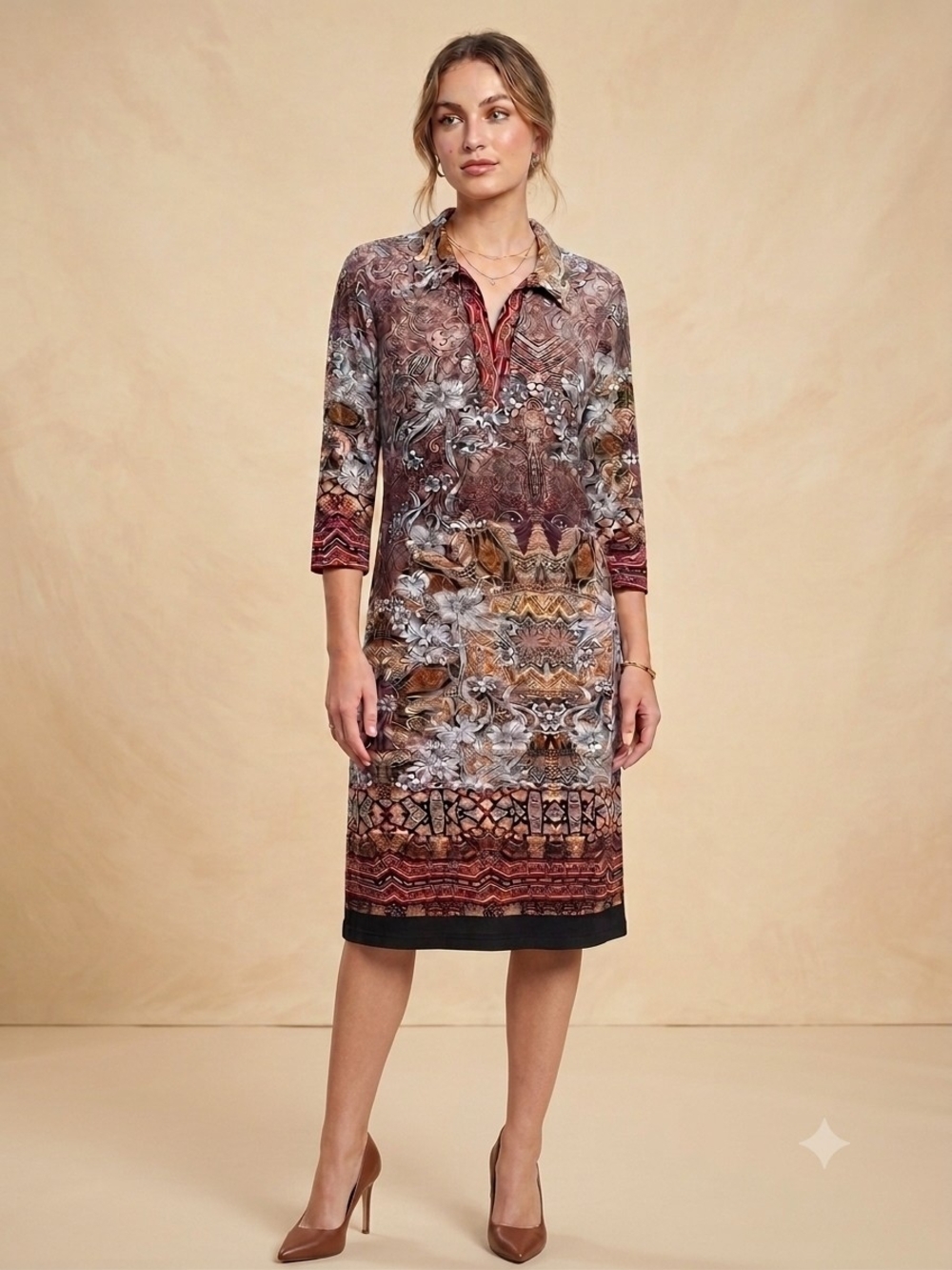Mlle Gabrielle Collared Printed Midi Dress in Brown and Rust